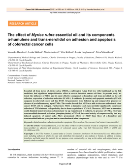 The Effect of Myrica Rubra Essential Oil and Its Components Α-Humulene and Trans-Nerolidol on Adhesion and Apoptosis of Colorectal Cancer Cells