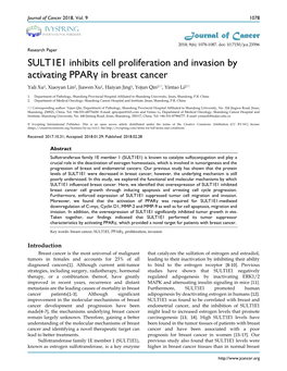 SULT1E1 Inhibits Cell Proliferation and Invasion by Activating Pparγ in Breast Cancer