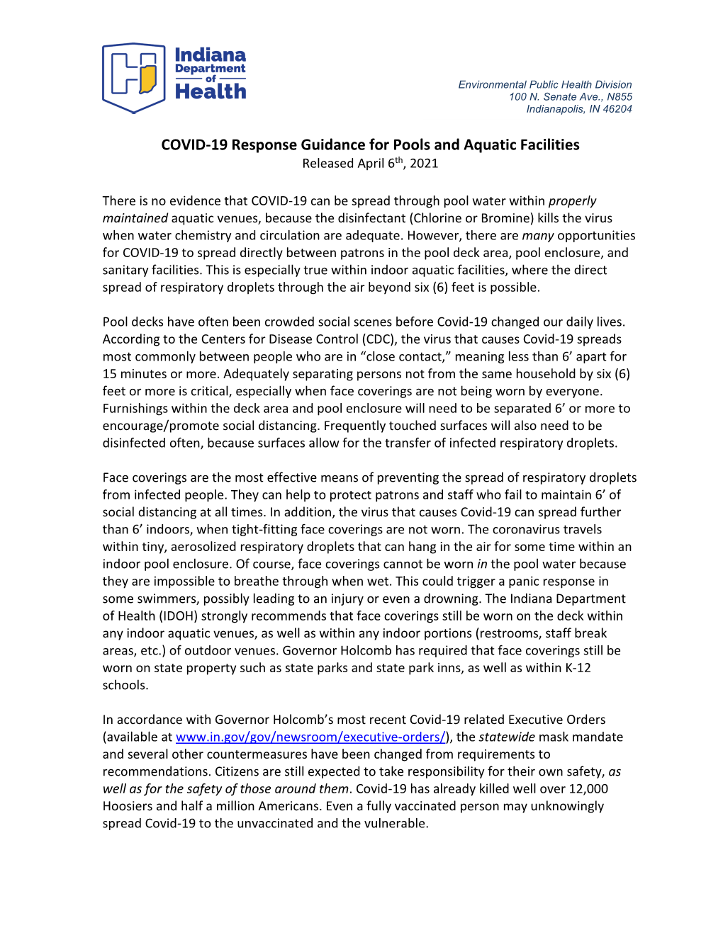 COVID-19 Response Guidance for Pools and Aquatic Facilities Released April 6Th, 2021