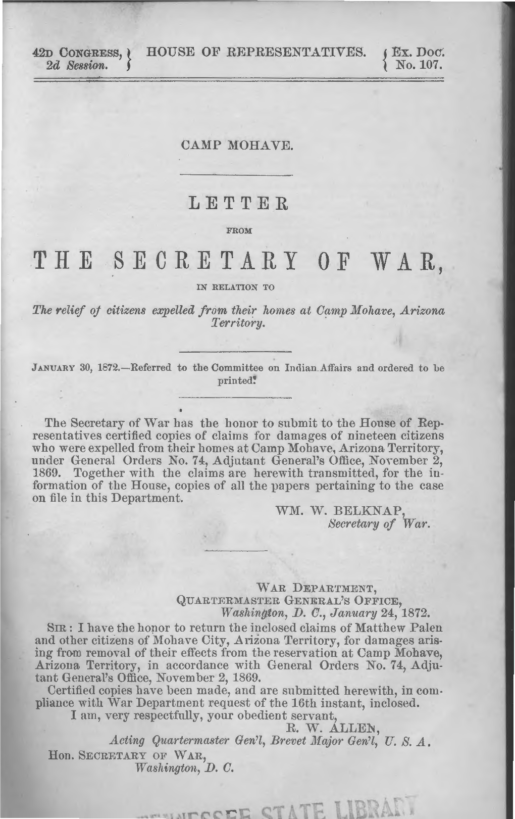 THE SECRETARY of WAR, in RELATION to the Relief of Citizens Expelled from Their Homes at Camp Mohave, Ariz·Ona, Territory