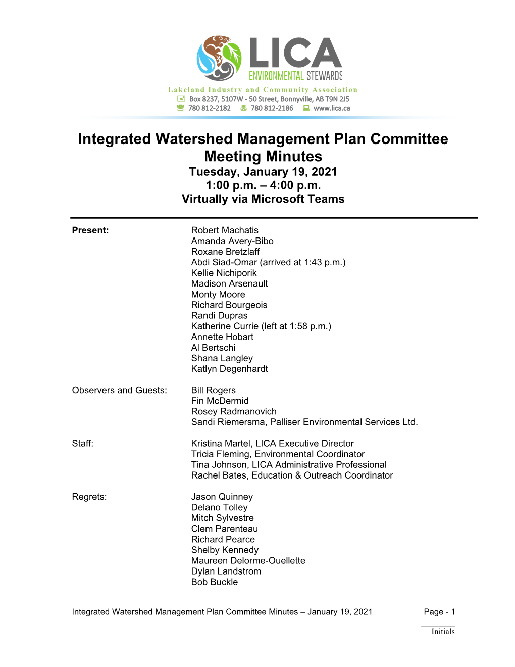 Integrated Watershed Management Plan Committee Meeting Minutes Tuesday, January 19, 2021 1:00 P.M