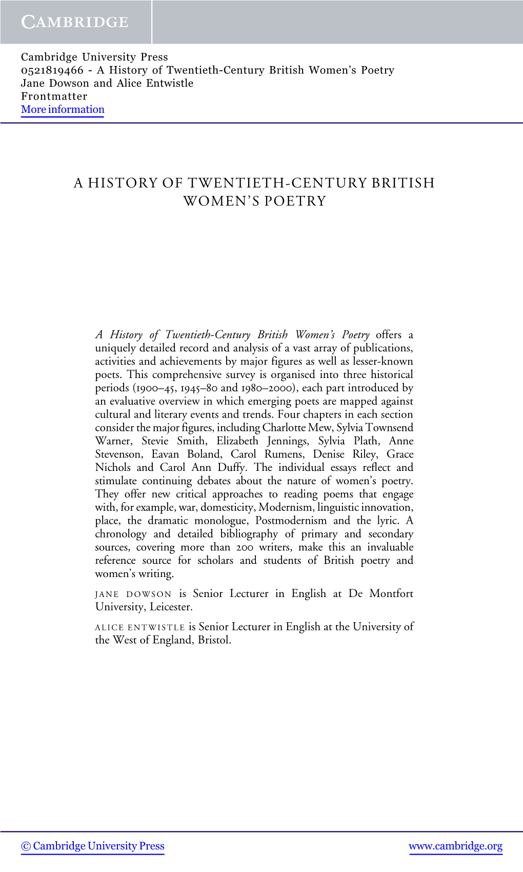 A History of Twentieth-Century British Women’S Poetry Jane Dowson and Alice Entwistle Frontmatter More Information