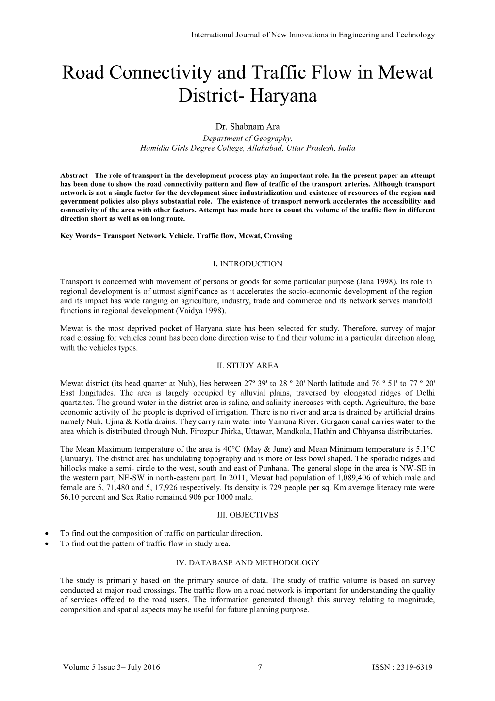 Road Connectivity and Traffic Flow in Mewat District- Haryana