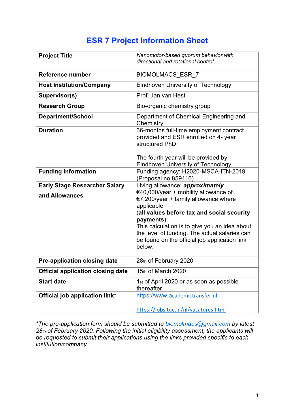 ESR 7 Project Information Sheet