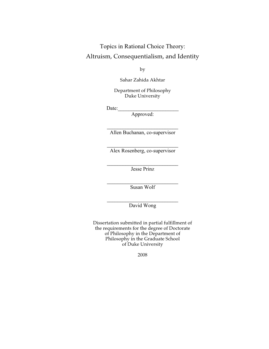 Topics in Rational Choice Theory: Altruism, Consequentialism, and Identity