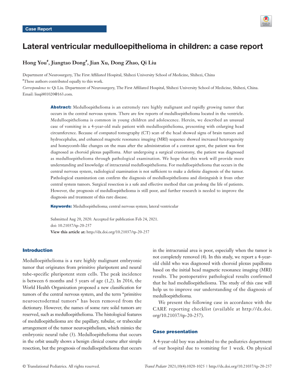 Lateral Ventricular Medulloepithelioma in Children: a Case Report