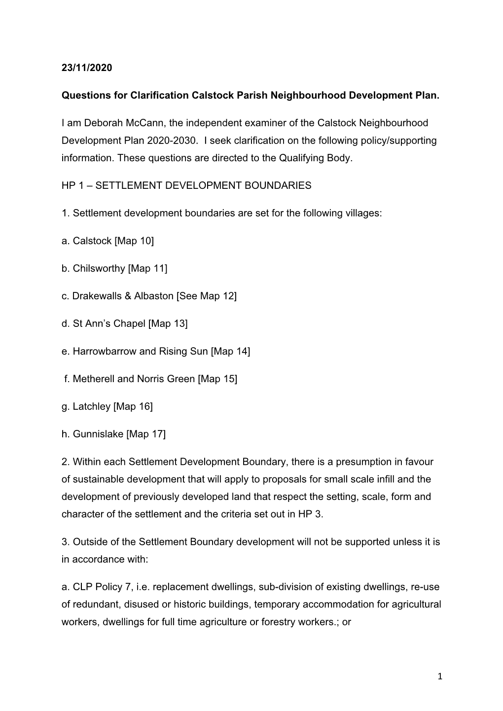 1 23/11/2020 Questions for Clarification Calstock Parish