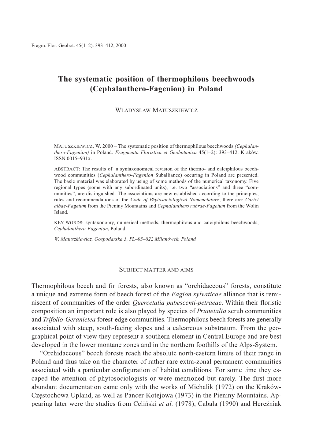 The Systematic Position of Thermophilous Beechwoods (Cephalanthero-Fagenion) in Poland