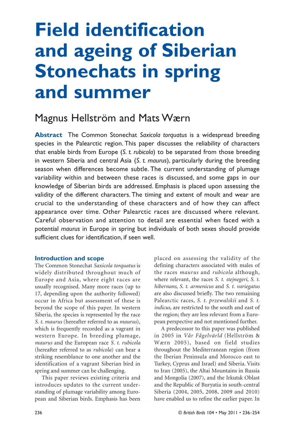 Field Identification and Ageing of Siberian Stonechats in Spring and Summer Magnus Hellström and Mats Wærn