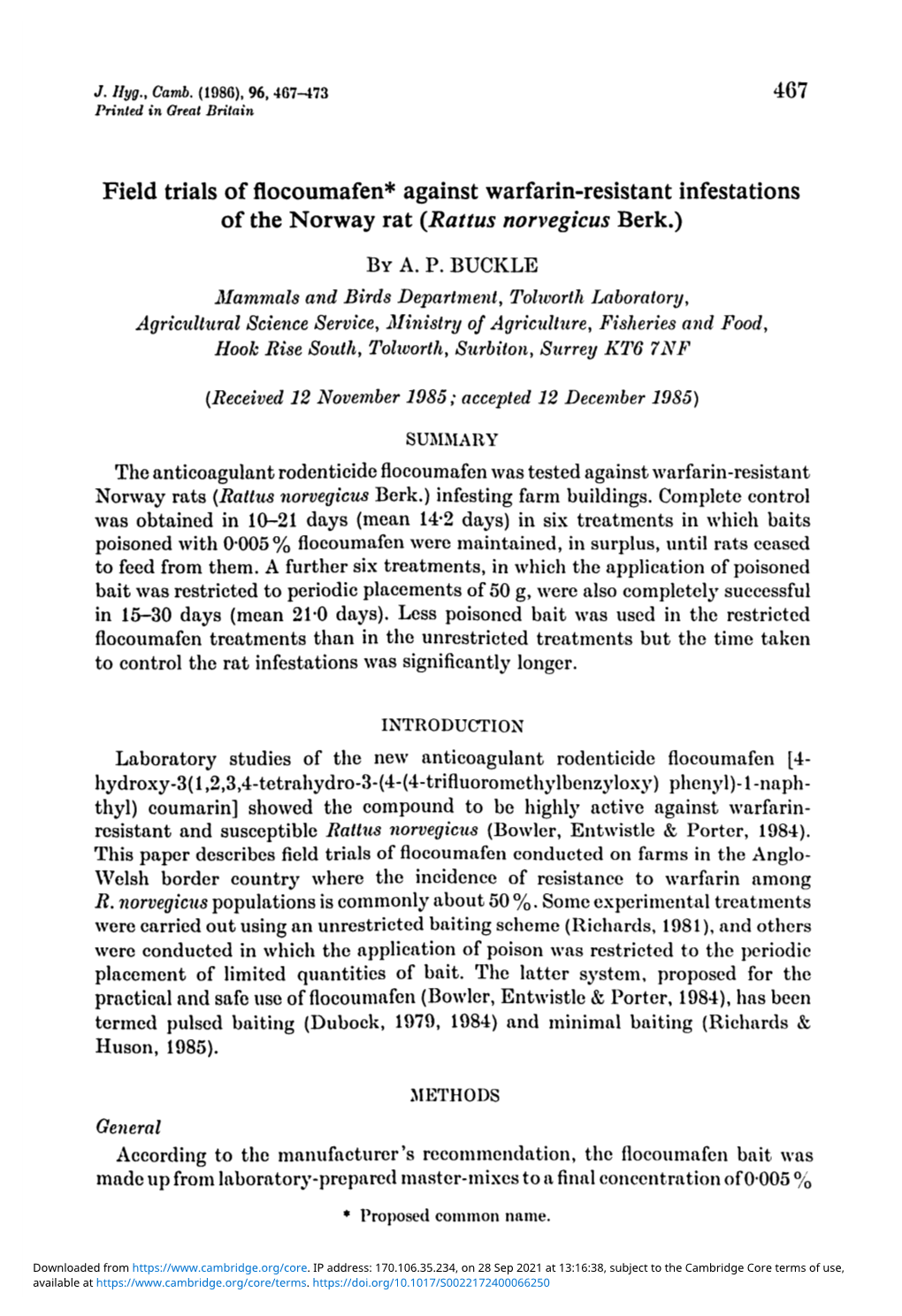 Field Trials of Flocoumafen Against Warfarin-Resistant Infestations of The