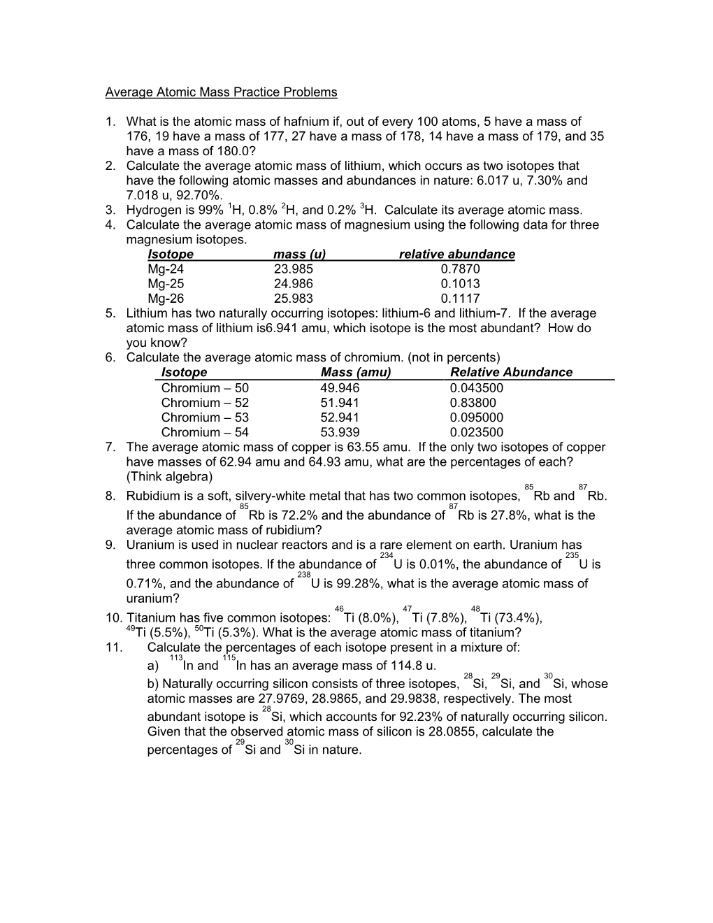 Average Atomic Mass Practice Problems