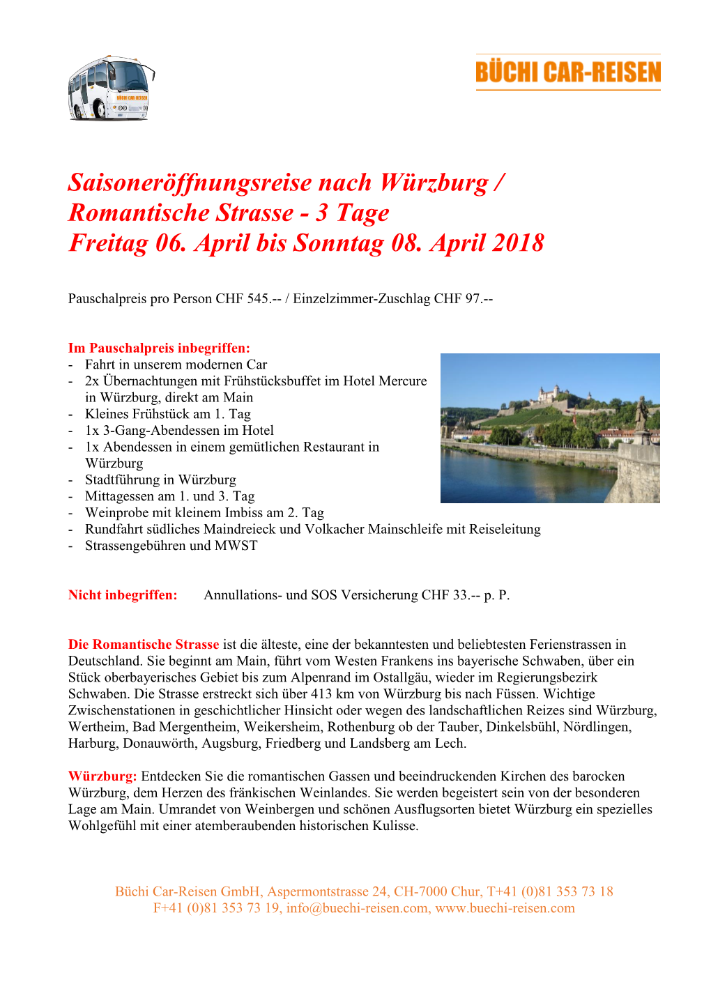 Saisoneröffnungsreise Nach Würzburg / Romantische Strasse - 3 Tage Freitag 06