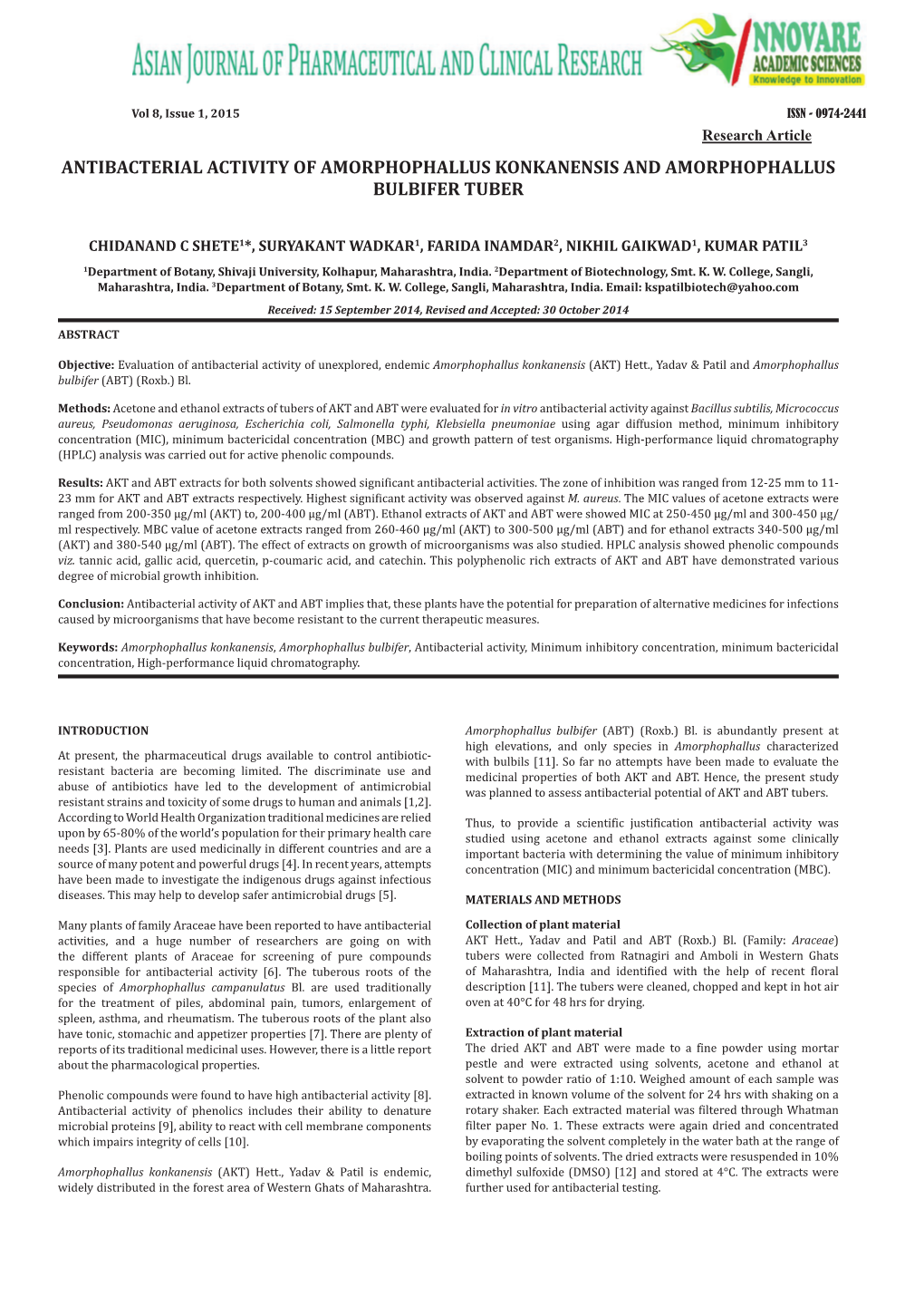 Antibacterial Activity of Amorphophallus Konkanensis and Amorphophallus Bulbifer Tuber