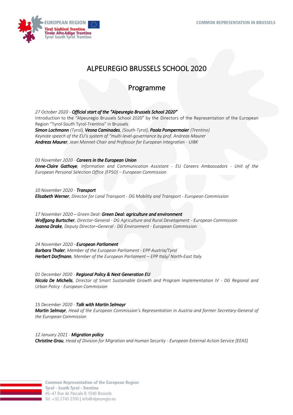 ALPEUREGIO BRUSSELS SCHOOL 2020 Programme