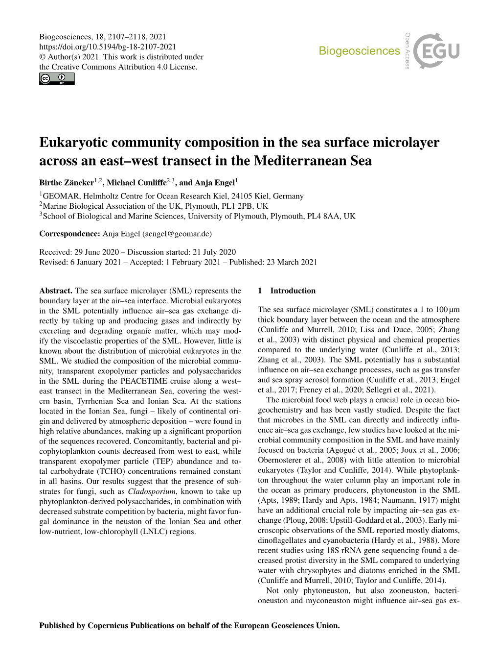 Eukaryotic Community Composition in the Sea Surface Microlayer Across an East–West Transect in the Mediterranean Sea