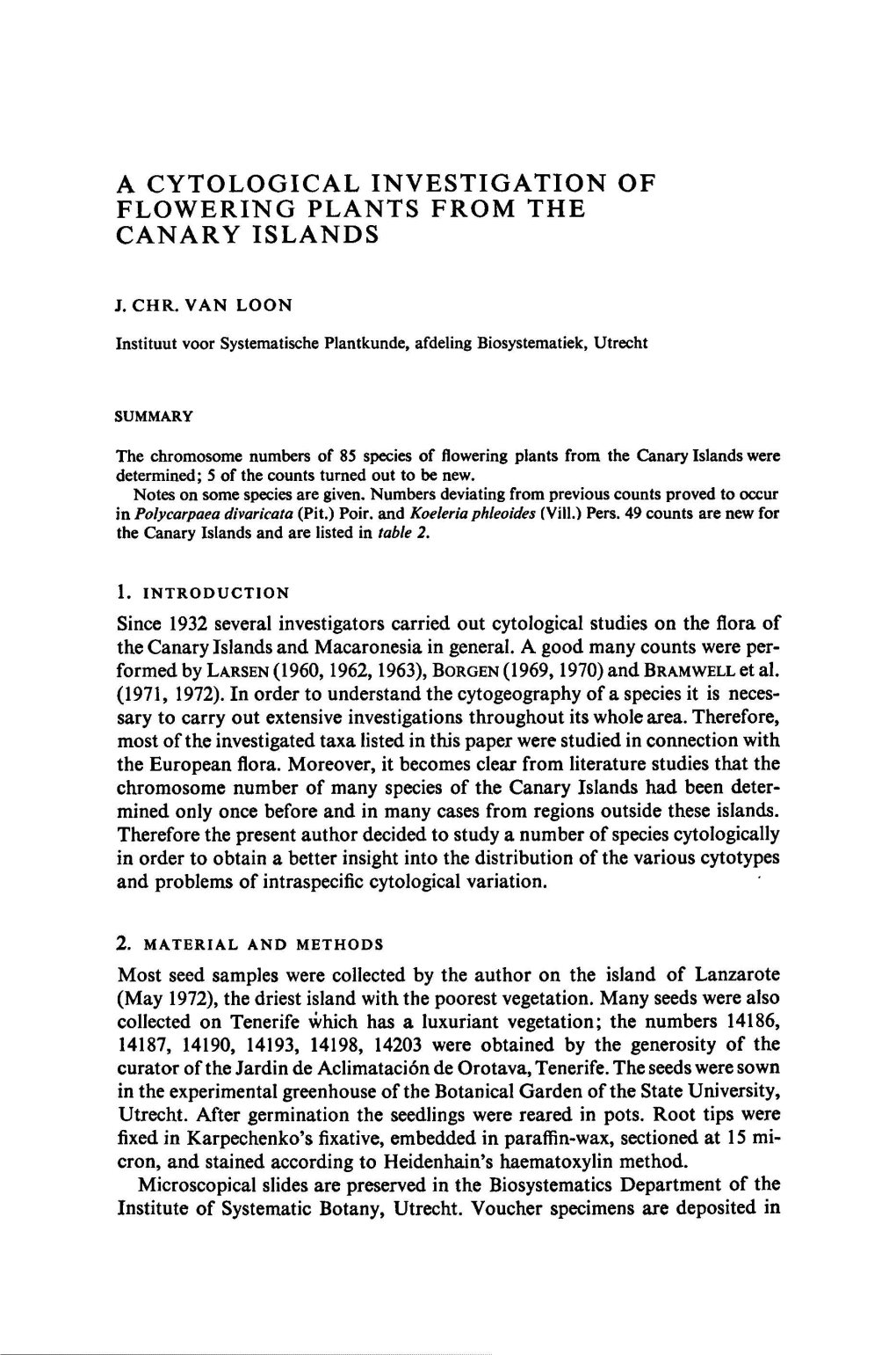 A Cytological Investigation of Flowering Plants from the Canary Islands