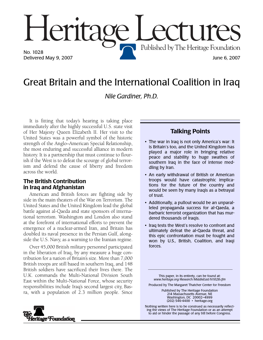 Great Britain and the International Coalition in Iraq Nile Gardiner, Ph.D