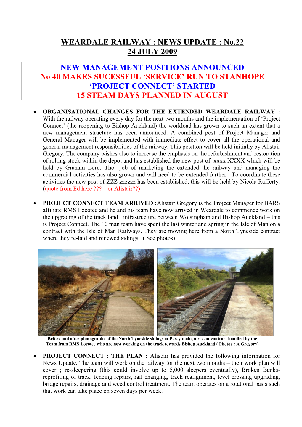 WEARDALE RAILWAY : NEWS UPDATE : No.22 24 JULY 2009