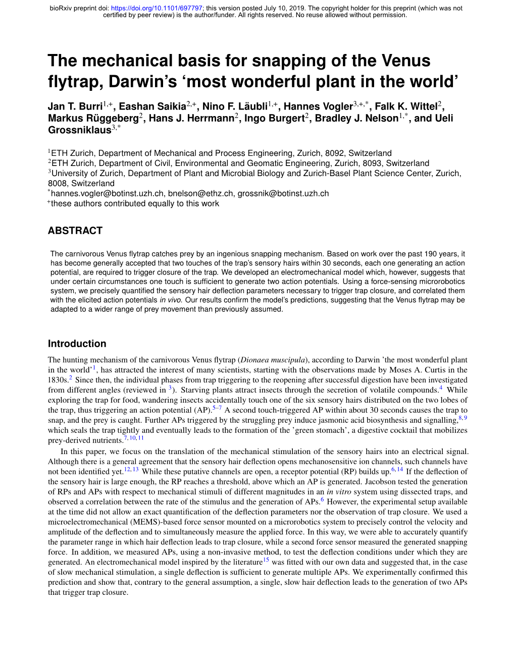 The Mechanical Basis for Snapping of the Venus Flytrap, Darwin's 'Most Wonderful Plant in the World'