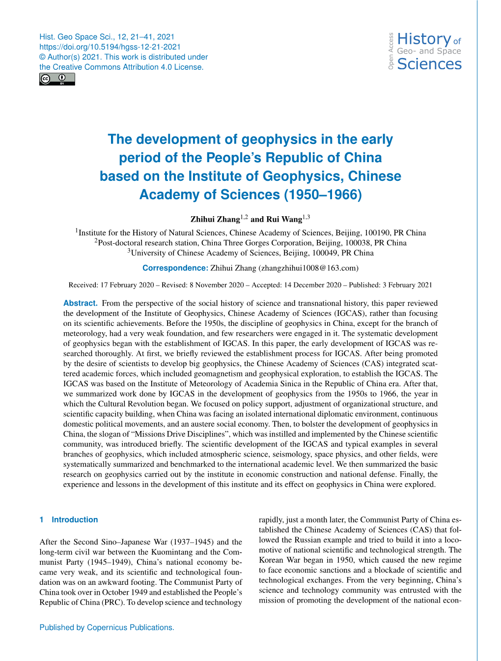 The Development of Geophysics in the Early Period of the People's