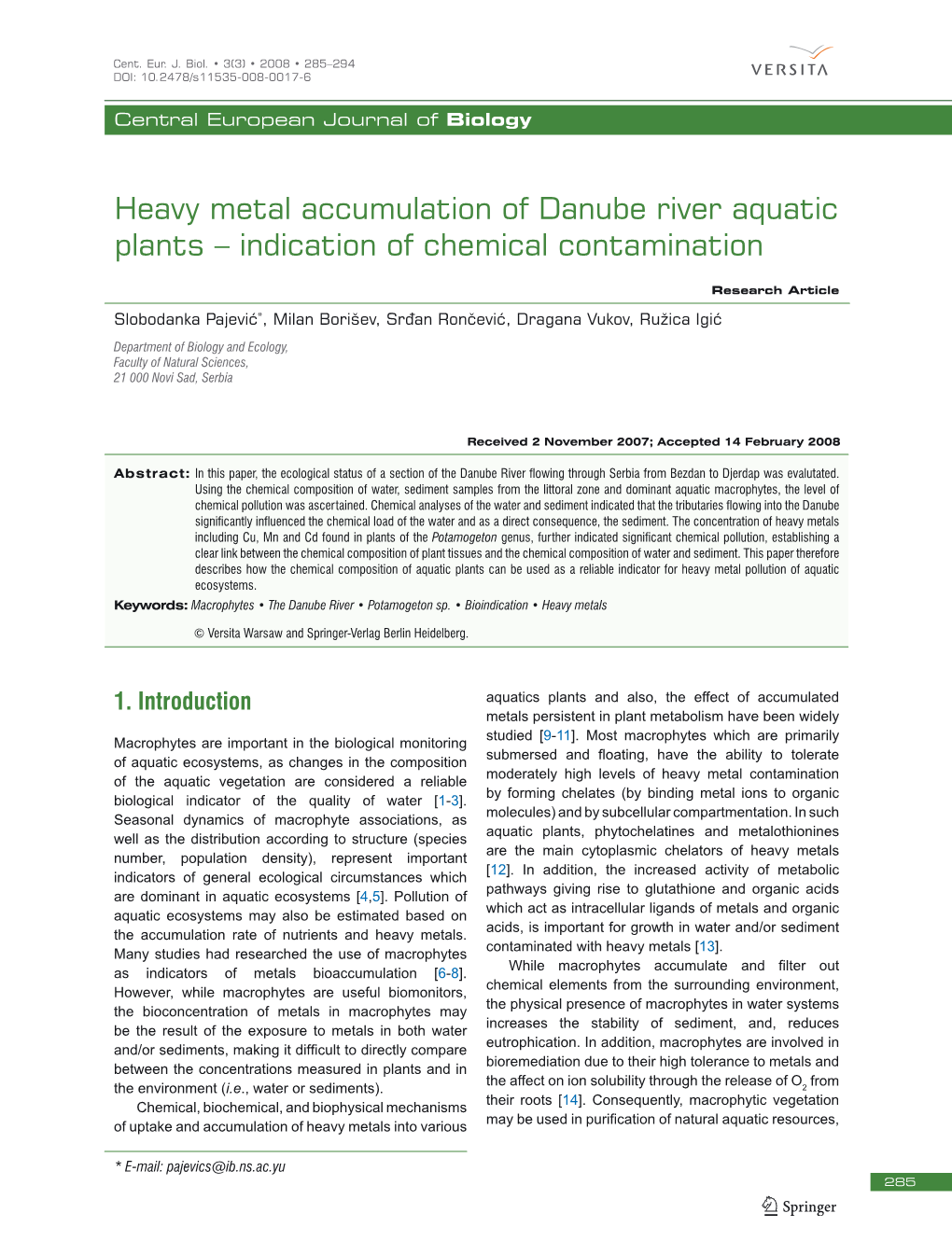 Heavy Metal Accumulation of Danube River Aquatic Plants – Indication of Chemical Contamination