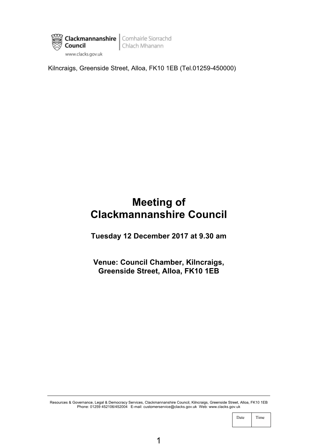 Clackmannanshire Council 12 December 2017 Agenda