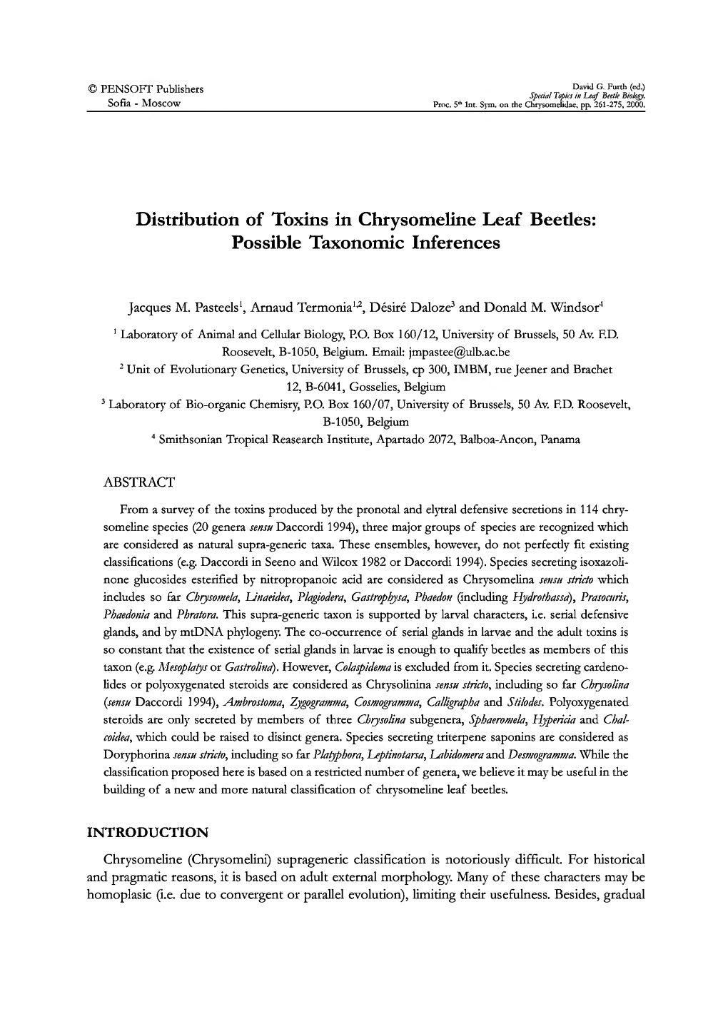 Distribution of Toxins in Chrysomeline Leaf Beetles: Possible Taxonomic Inferences