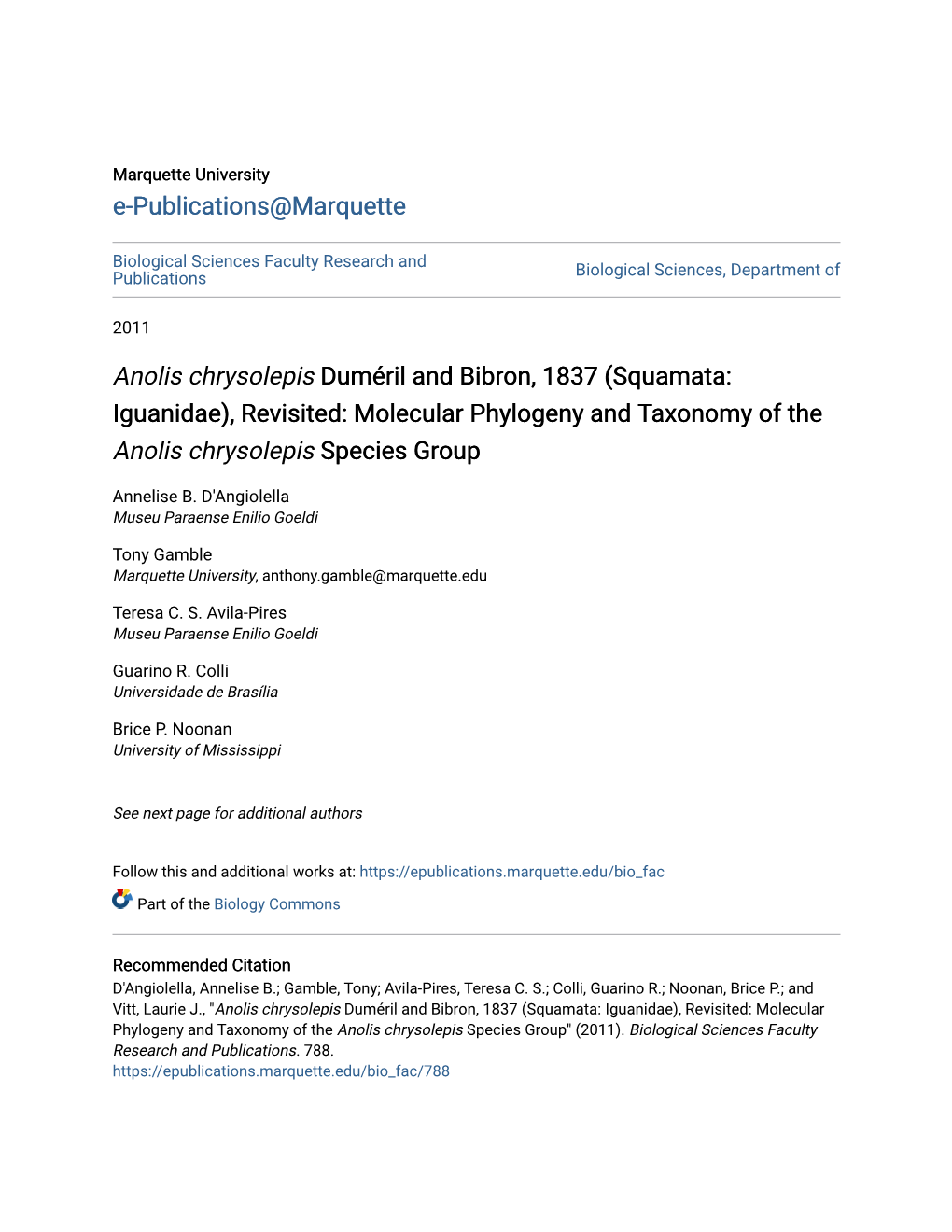 Anolis Chrysolepis Duméril and Bibron, 1837 (Squamata: Iguanidae), Revisited: Molecular Phylogeny and Taxonomy of the Anolis Chrysolepis Species Group