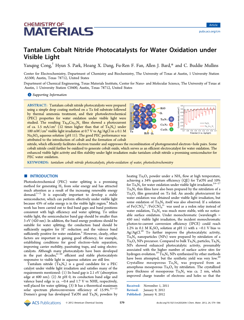 Tantalum Cobalt Nitride Photocatalysts for Water Oxidation Under Visible Light † Yanqing Cong, Hyun S