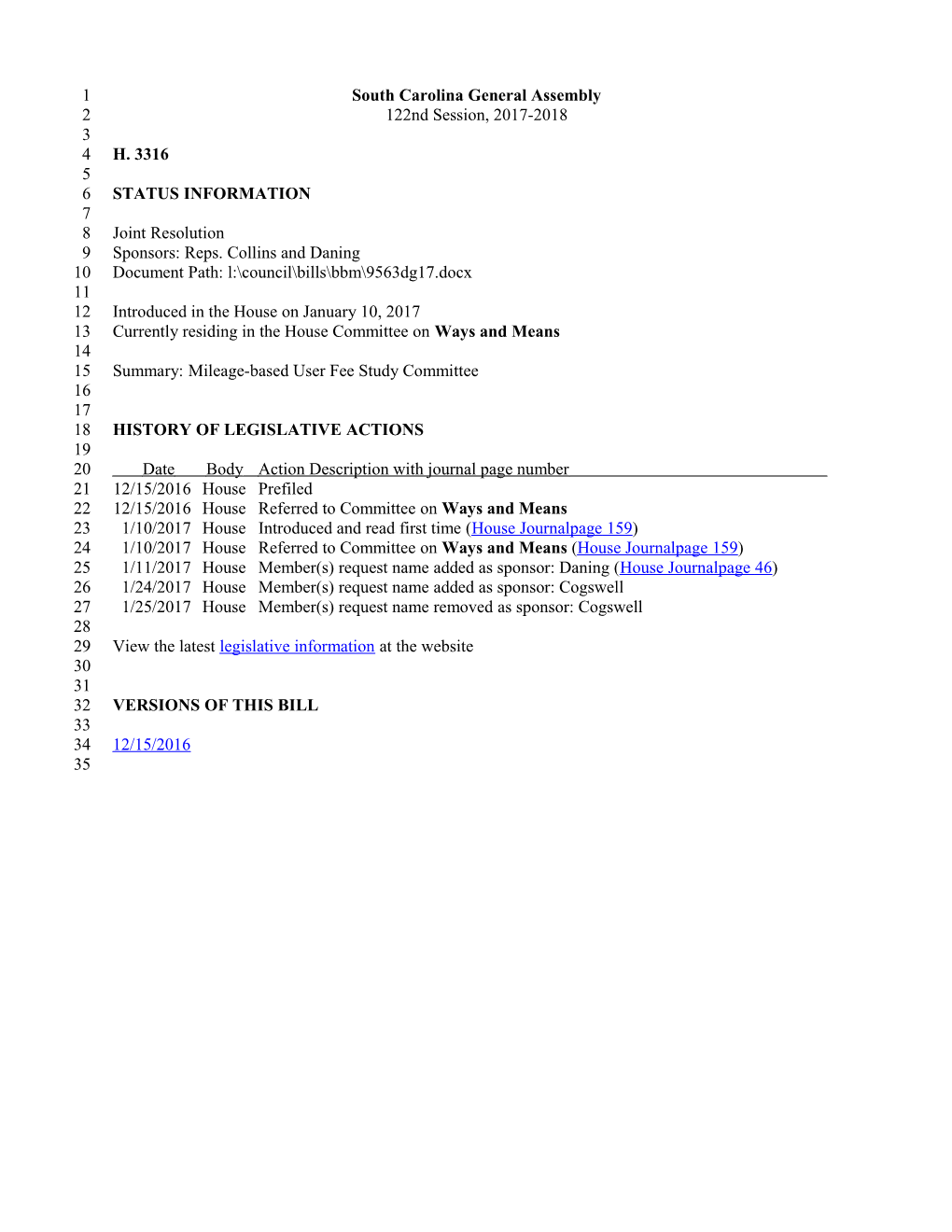 2017-2018 Bill 3316: Mileage-Based User Fee Study Committee - South Carolina Legislature Online