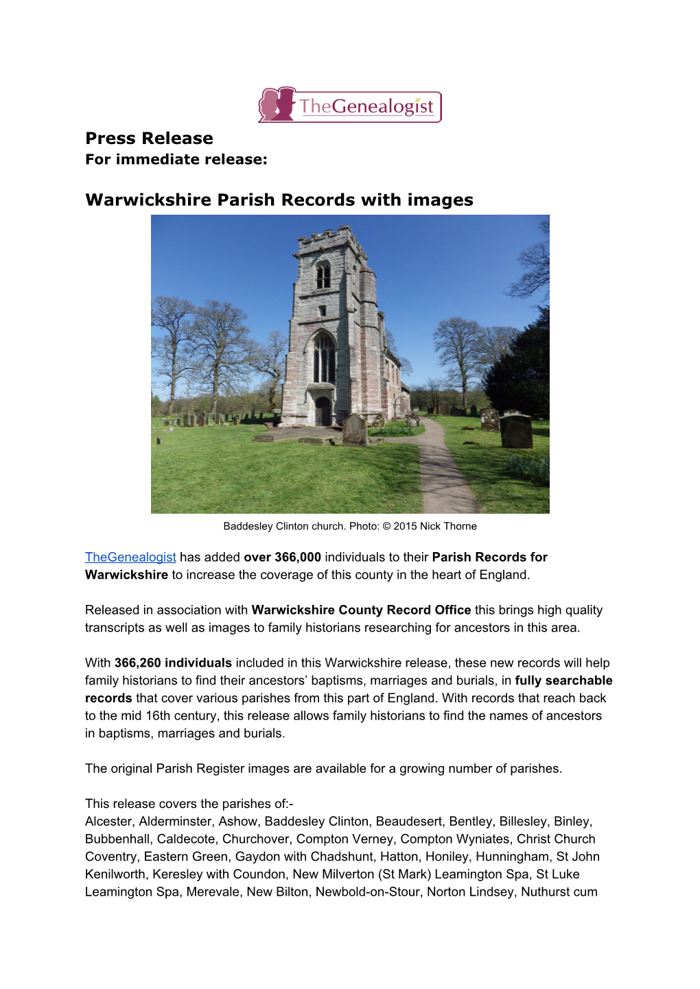 Press Release Warwickshire Parish Records with Images