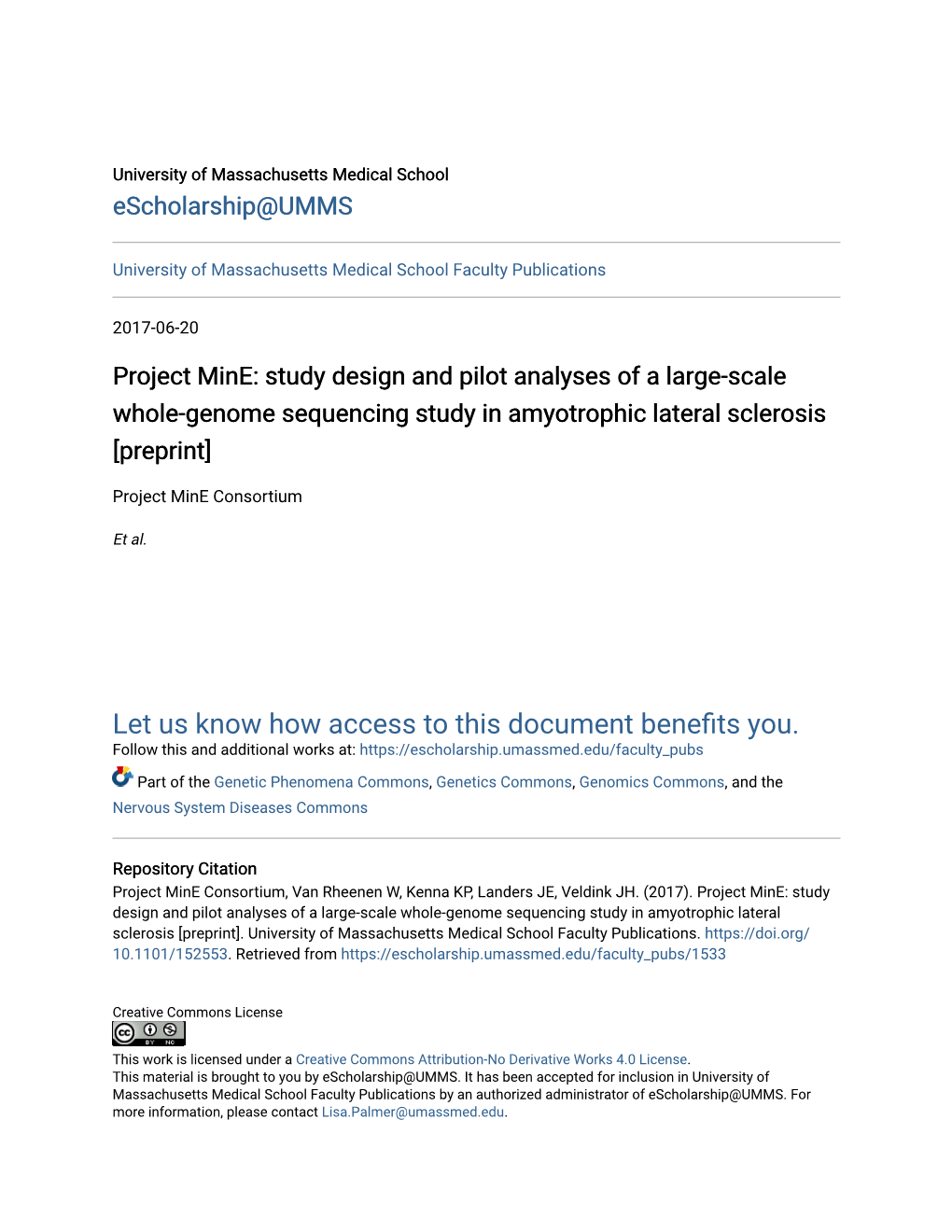 Project Mine: Study Design and Pilot Analyses of a Large-Scale Whole-Genome Sequencing Study in Amyotrophic Lateral Sclerosis [Preprint]