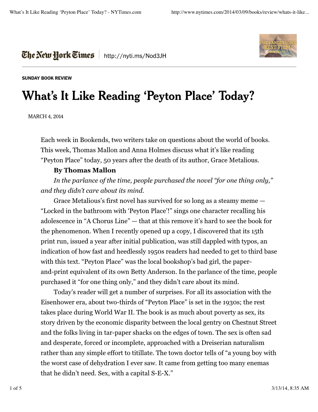 Peyton Place’ Today? - Nytimes.Com