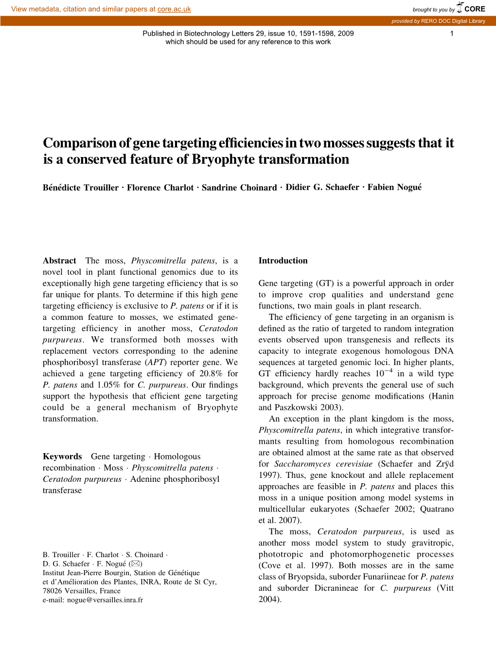 Comparison of Gene Targeting Efficiencies in Two Mosses