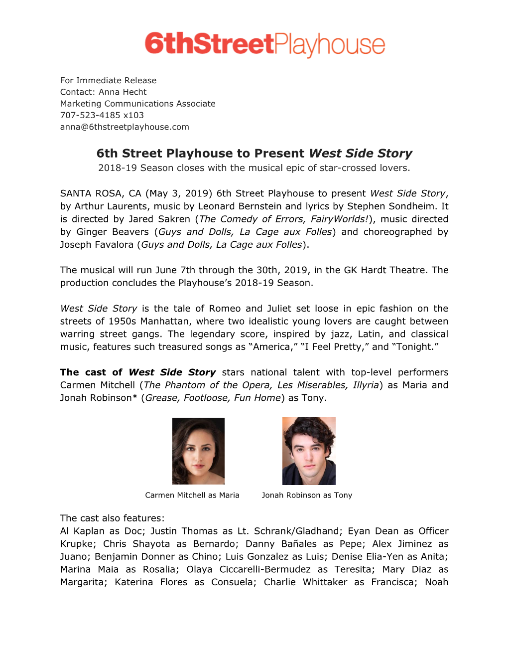 6Th Street Playhouse to Present West Side Story 2018-19 Season Closes with the Musical Epic of Star-Crossed Lovers