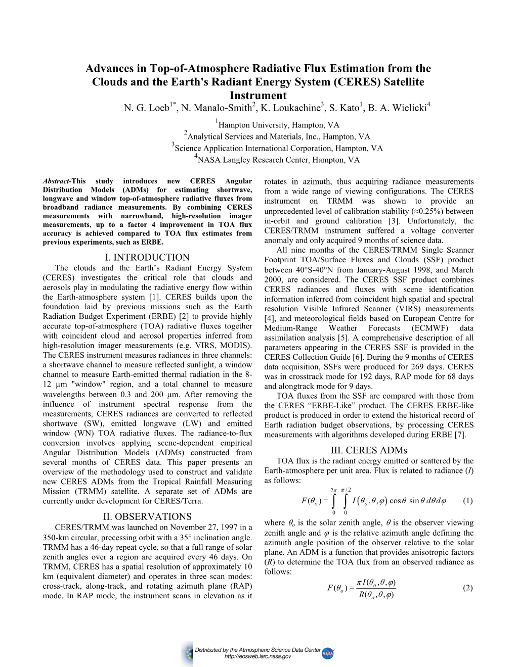 Advances in Top-Of-Atmosphere Radiative Flux Estimation from the Clouds and the Earth's Radiant Energy System (CERES) Satellite Instrument N