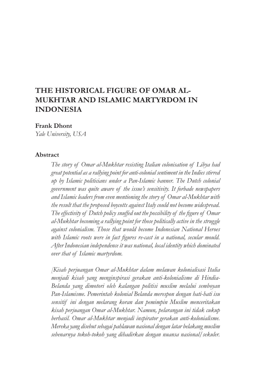 The Historical Figure of Omar Al- Mukhtar and Islamic Martyrdom in Indonesia