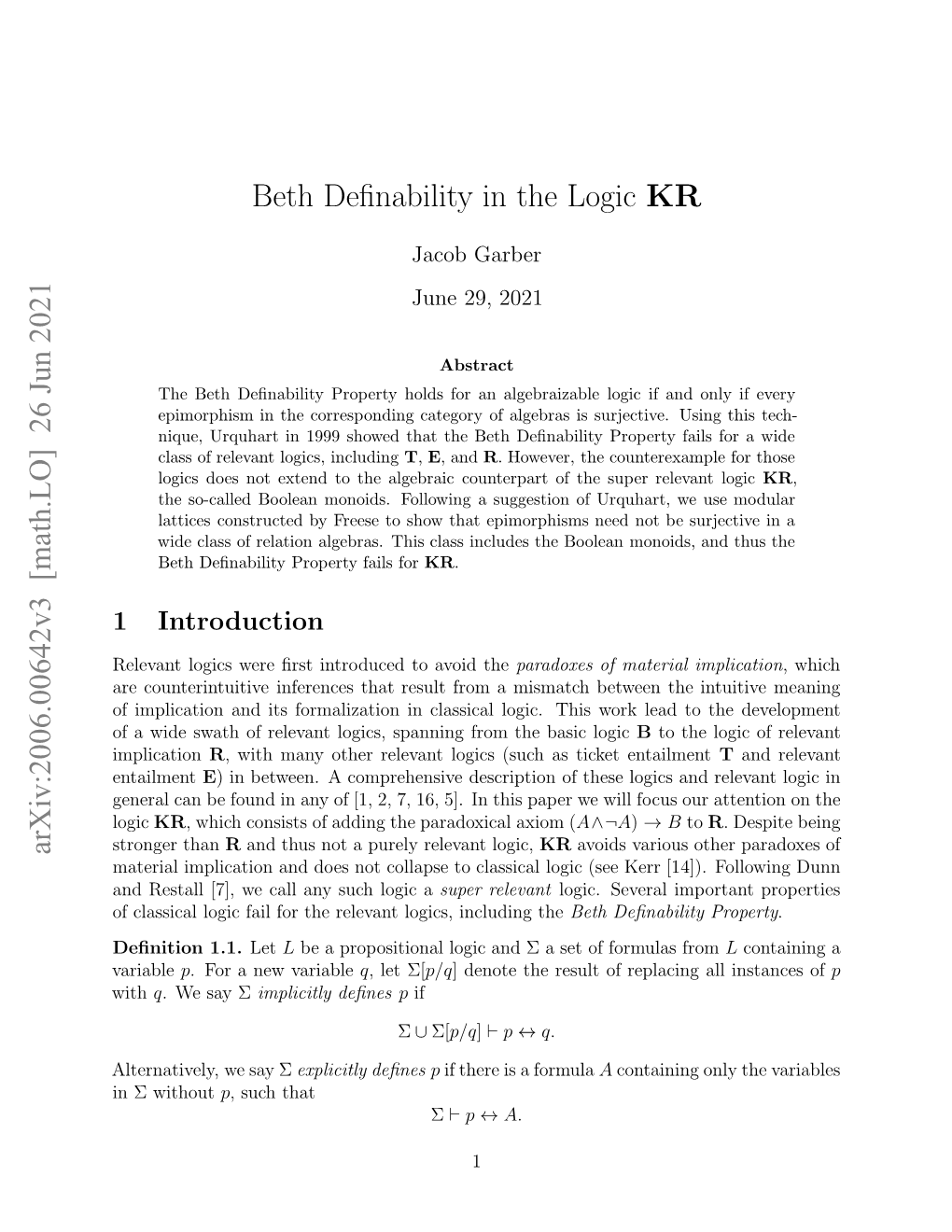 Arxiv:2006.00642V3 [Math.LO] 26 Jun 2021 Beth Definability in the Logic KR