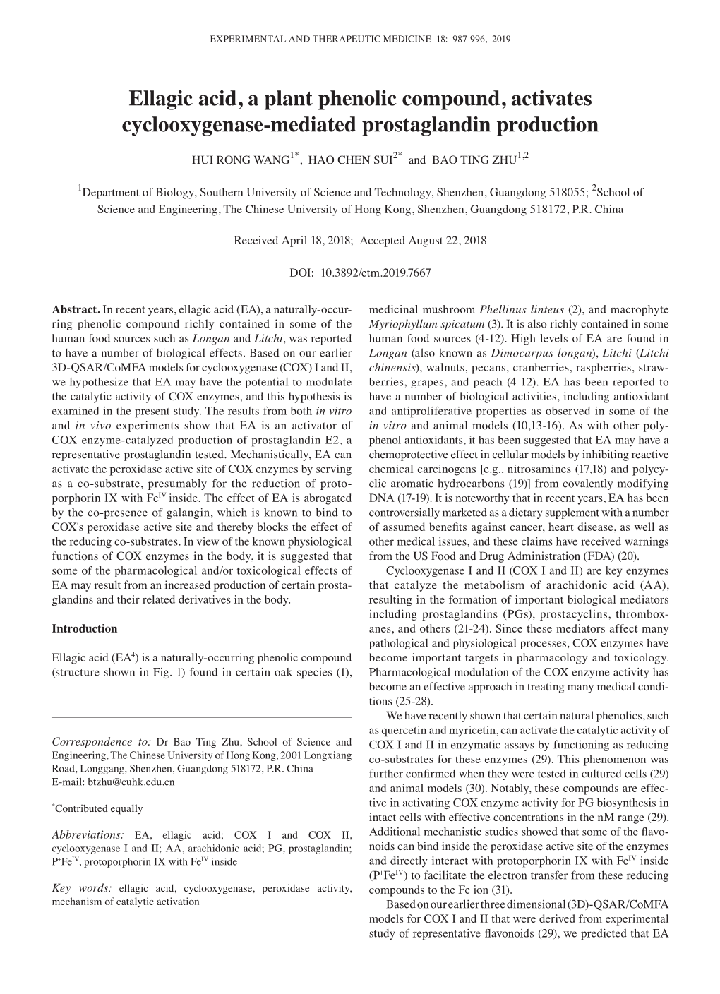 Ellagic Acid, a Plant Phenolic Compound, Activates Cyclooxygenase‑Mediated Prostaglandin Production