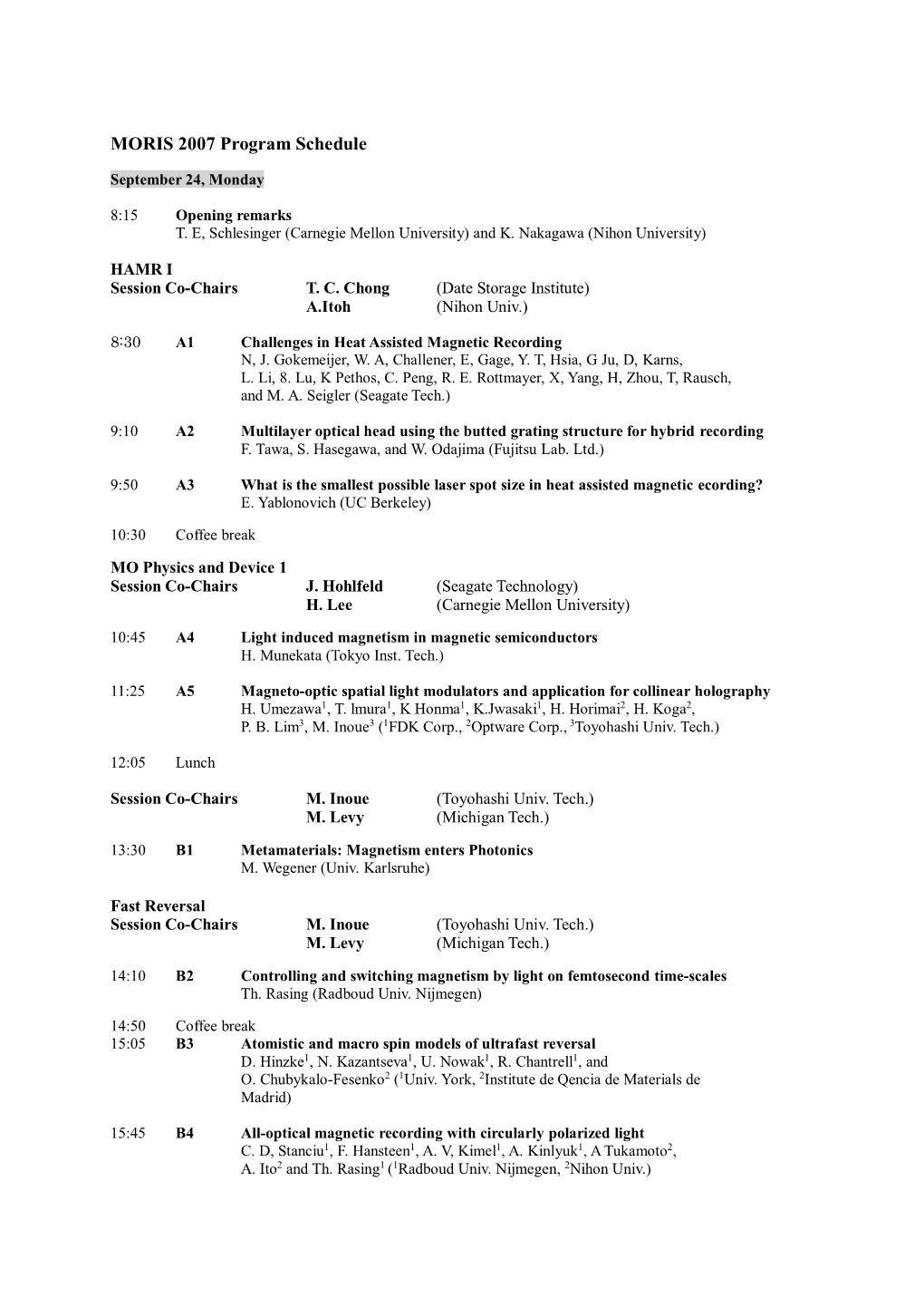 MORIS 2007 Program Schedule