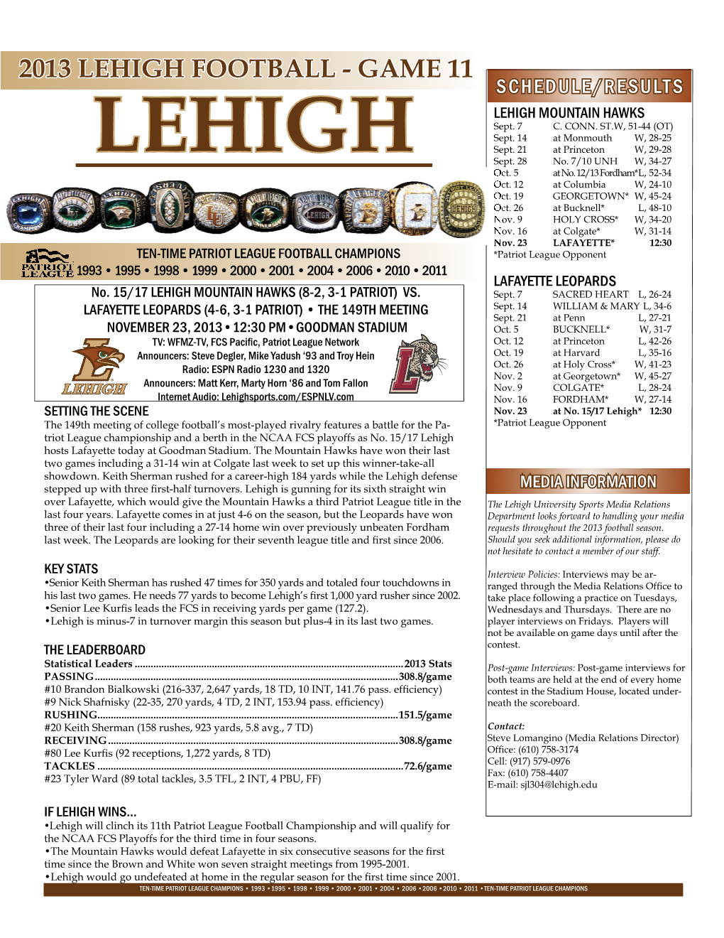 Lehigh Game Notes