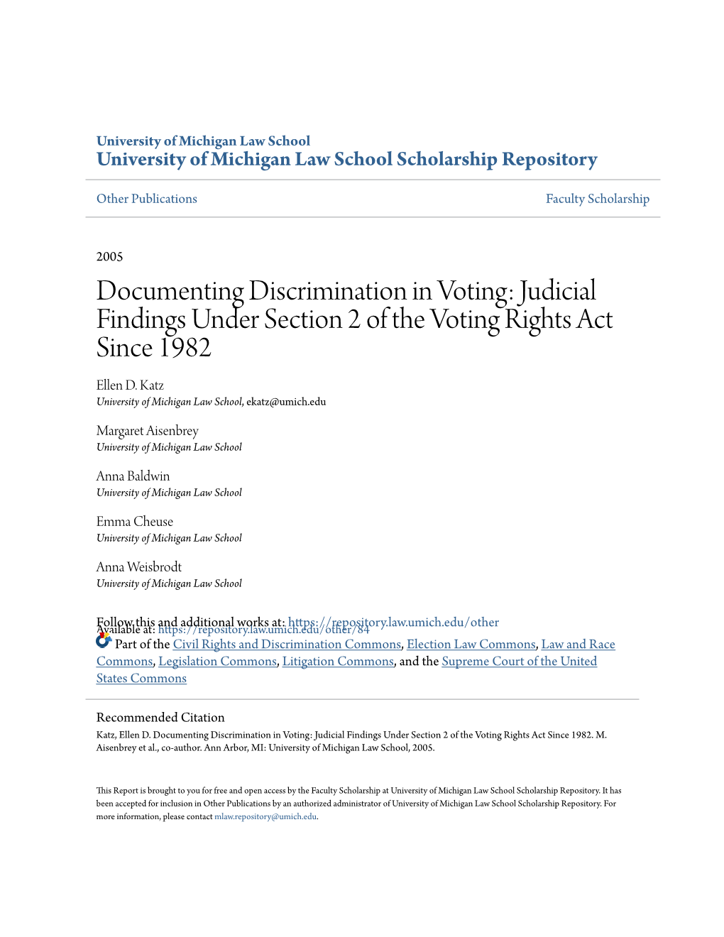 Documenting Discrimination in Voting: Judicial Findings Under Section 2 of the Voting Rights Act Since 1982 Ellen D
