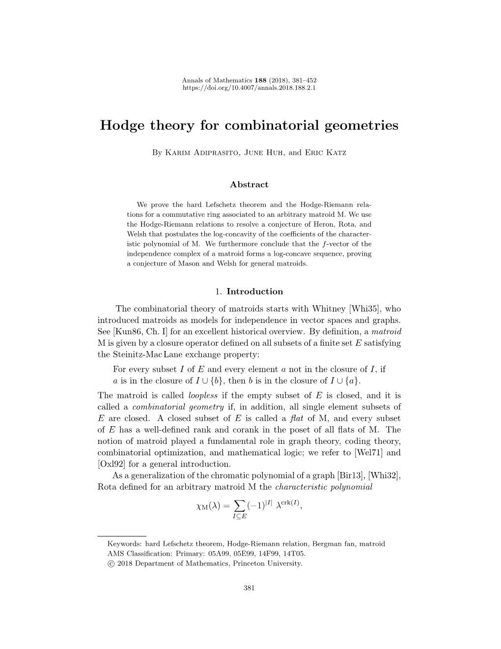Hodge Theory for Combinatorial Geometries