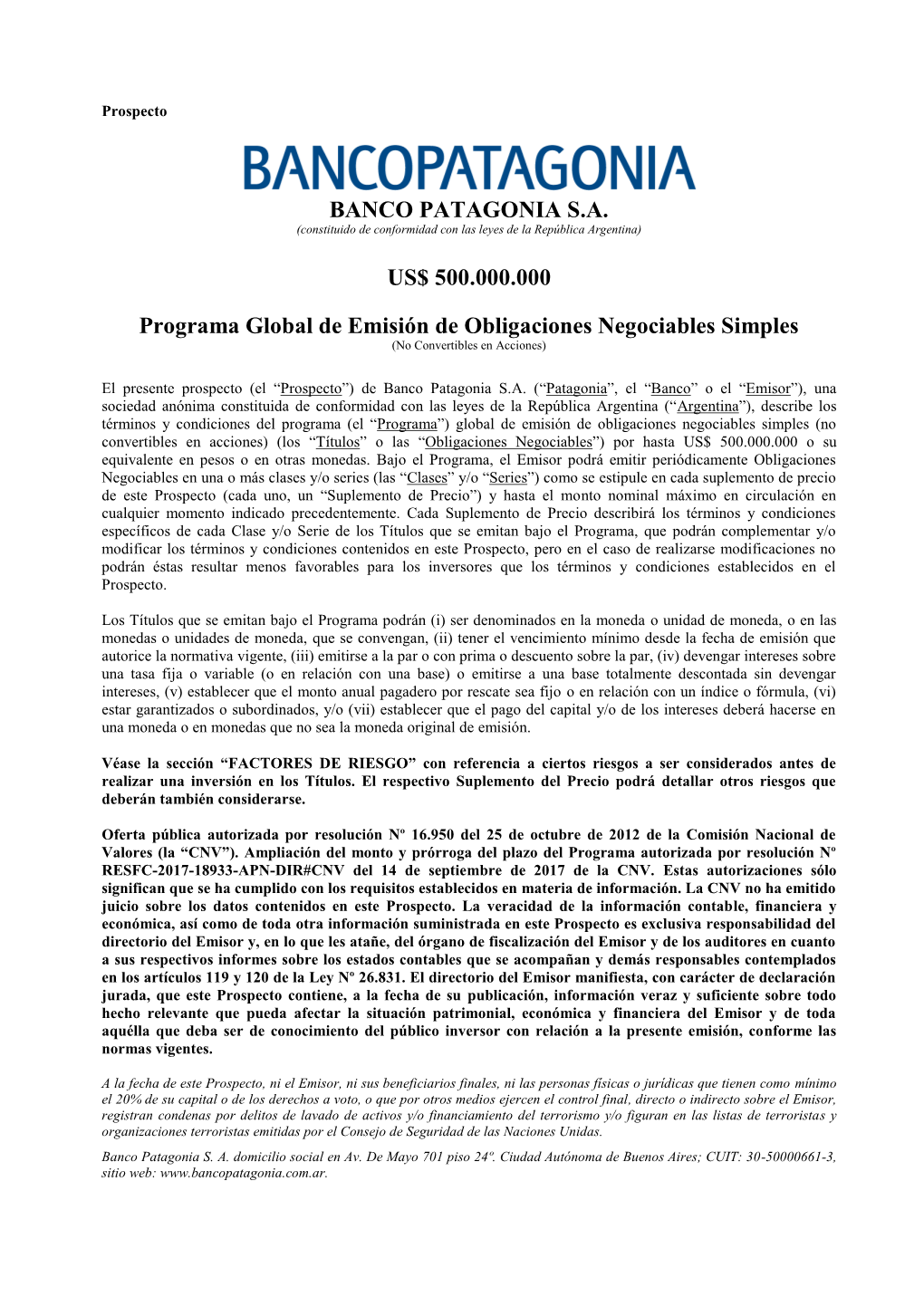 BANCO PATAGONIA S.A. US$ 500.000.000 Programa Global De Emisión De Obligaciones Negociables Simples
