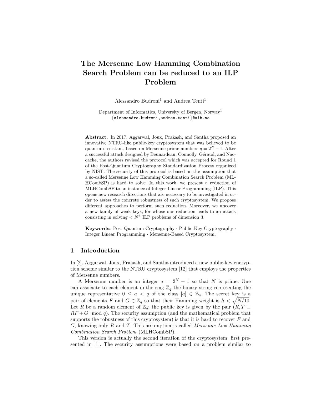 The Mersenne Low Hamming Combination Search Problem Can Be Reduced to an ILP Problem