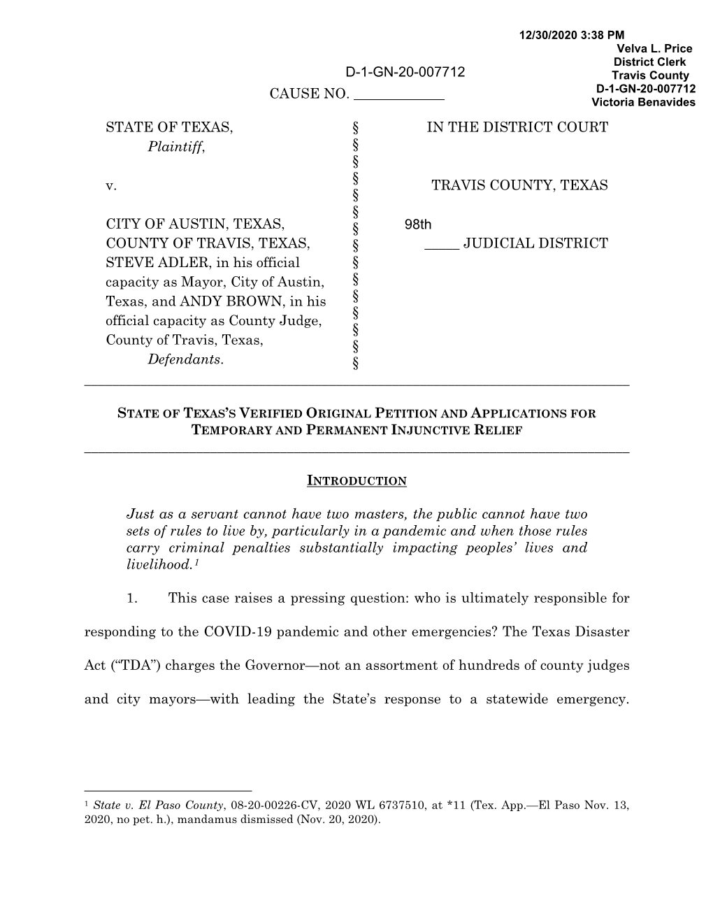 STATE of TEXAS, Plaintiff, V. CITY of AUSTIN, TEXAS, COUNTY OF