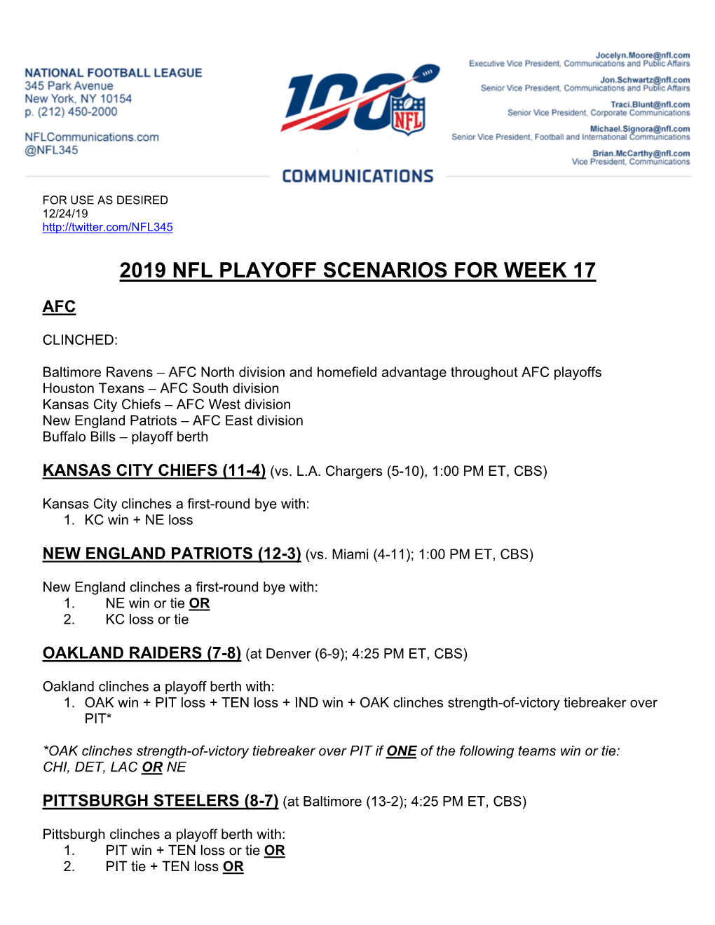 2019 Nfl Playoff Scenarios for Week 17