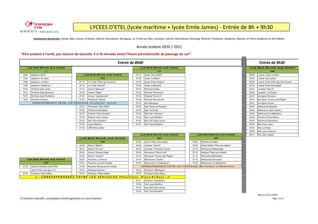 LYCEES D'etel (Lycée Maritime + Lycée Emile James) - Entrée De 8H + 9H30 02 97 01 22 71