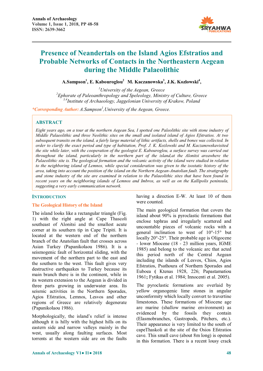 Presence of Neandertals on the Island Agios Efstratios and Probable Networks of Contacts in the Northeastern Aegean During the Middle Palaeolithic