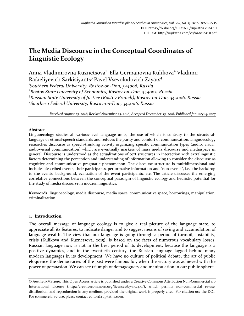 The Media Discourse in the Conceptual Coordinates of Linguistic Ecology